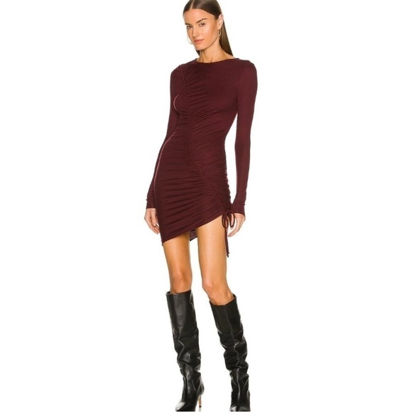 Lovers and Friends Venetian Dress Ribbed Burgundy Bodycon Long Sleeve Ruched M - Picture 6 of 13